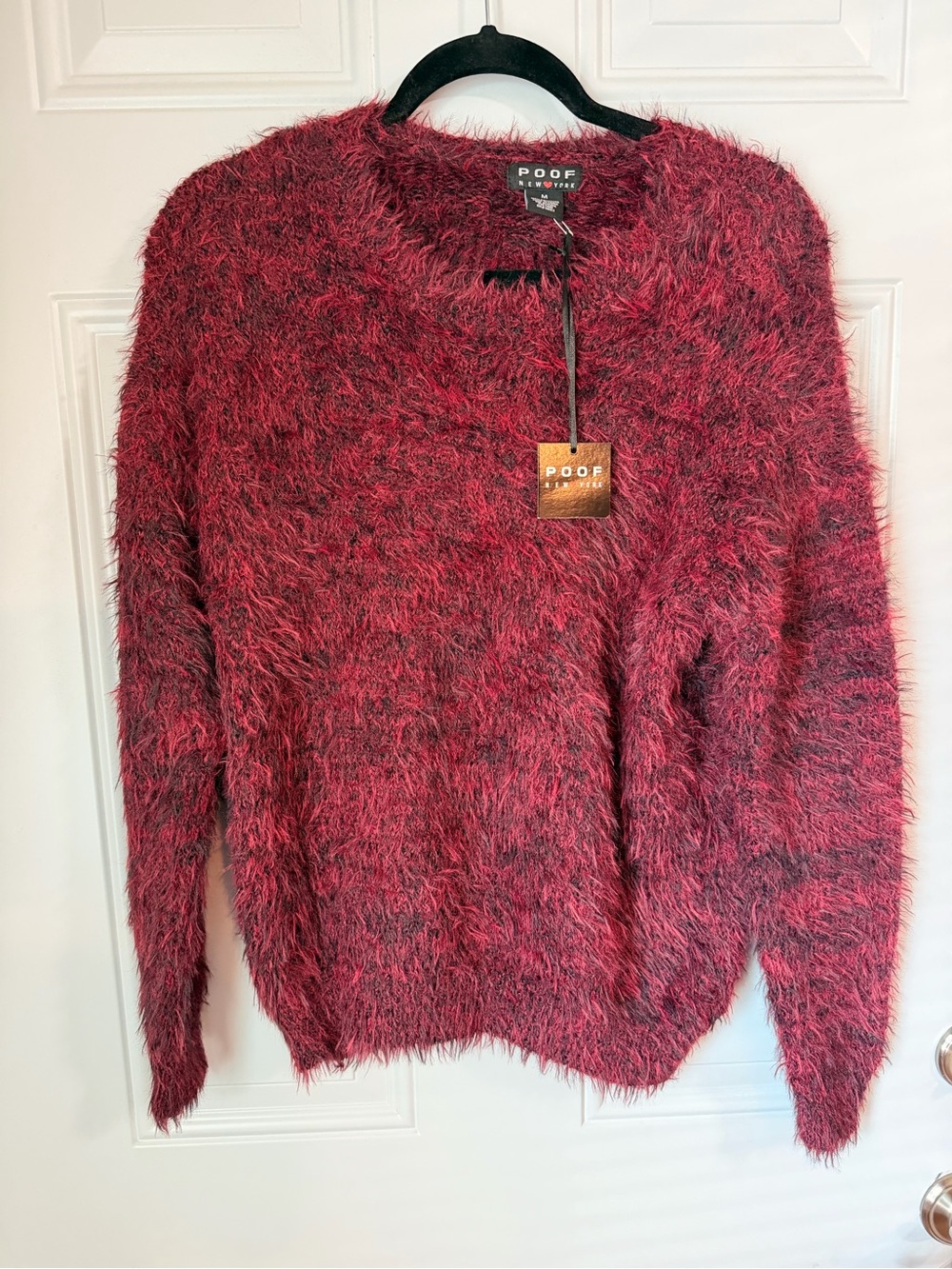 Poof! Fuzzy Wine-Red Crewneck Sweater